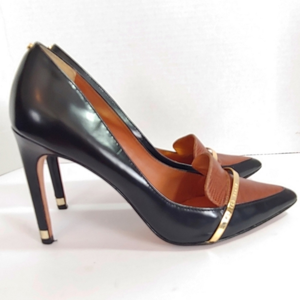 Ted Baker Two-Tone Black and Brown Pointed Toe Heels with Gold Bar - Picture 5 of 12